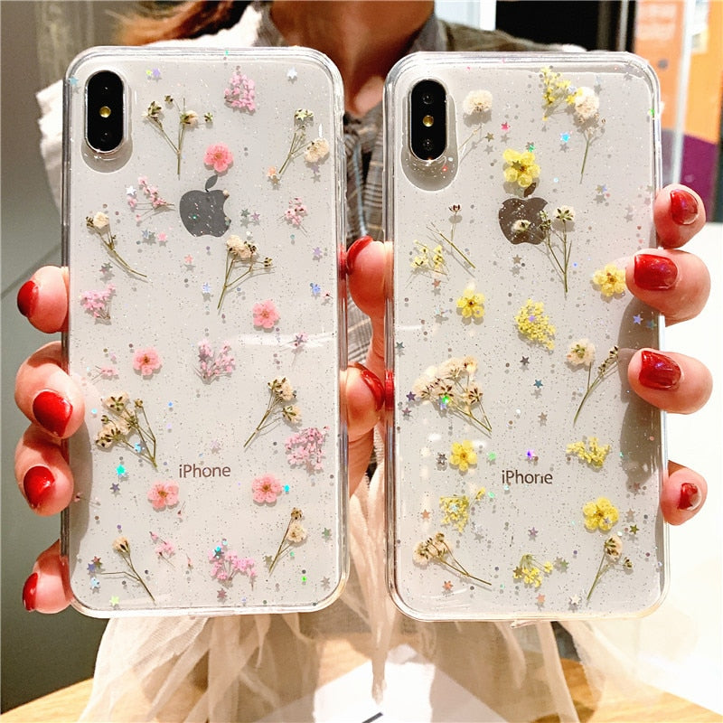 Flower Glitter Clear Case For iPhone
